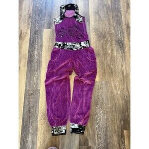 Vintage Y2K Italian Purple Velour Jumpsuit – Side Zip, Floral Design, Pockets